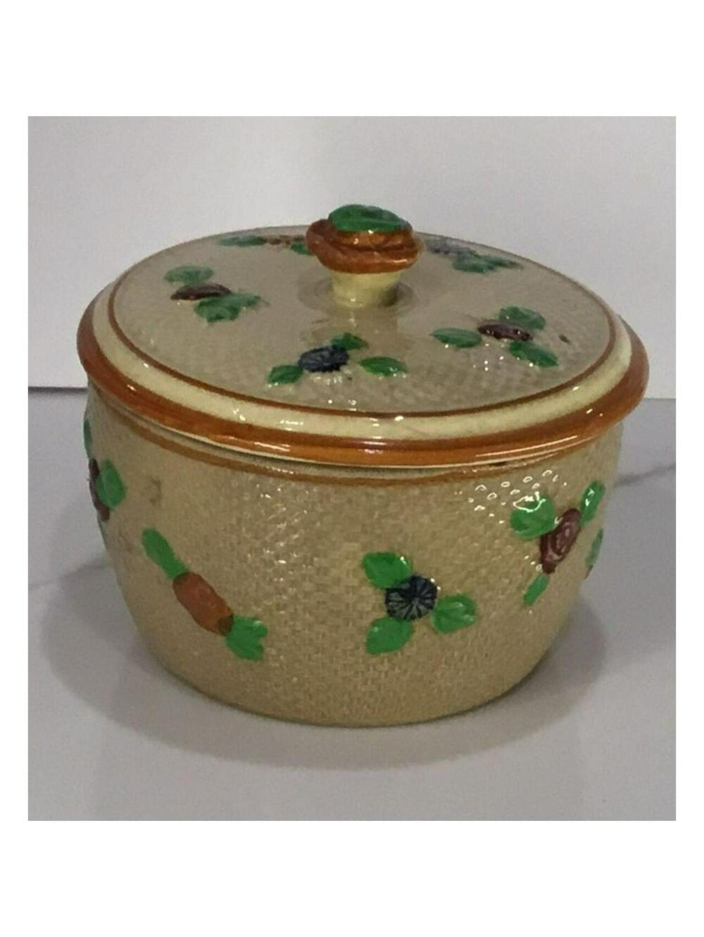Vintage Majolica Hand Painted Sugar bowl / Lidded Trinket Box/ Biscuit Jar